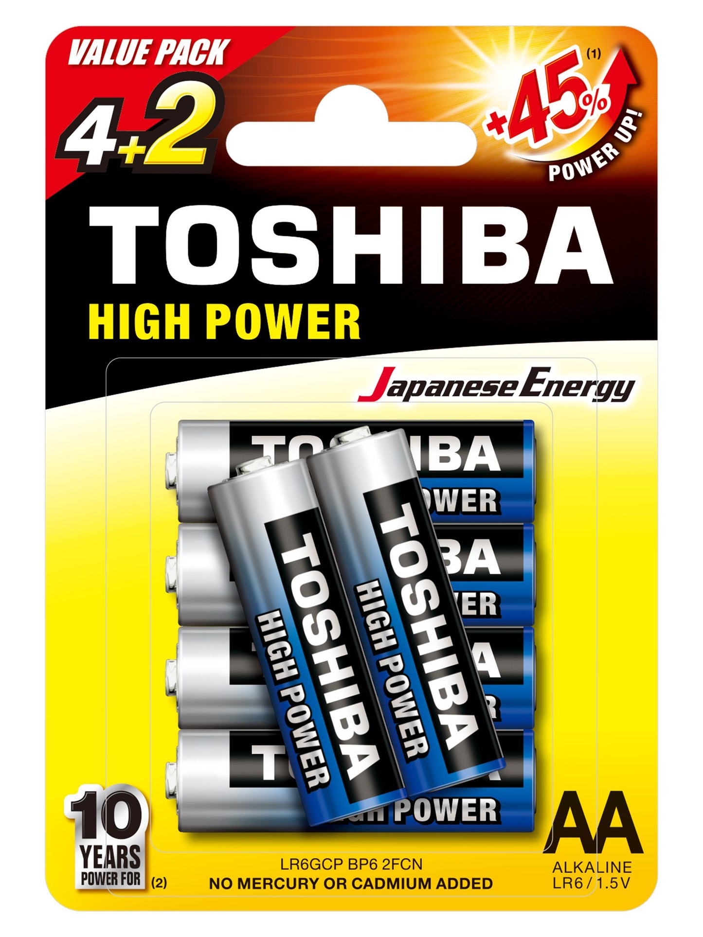 Pilas alcalinas AA 1.5V 4+2 unidades. Toshiba