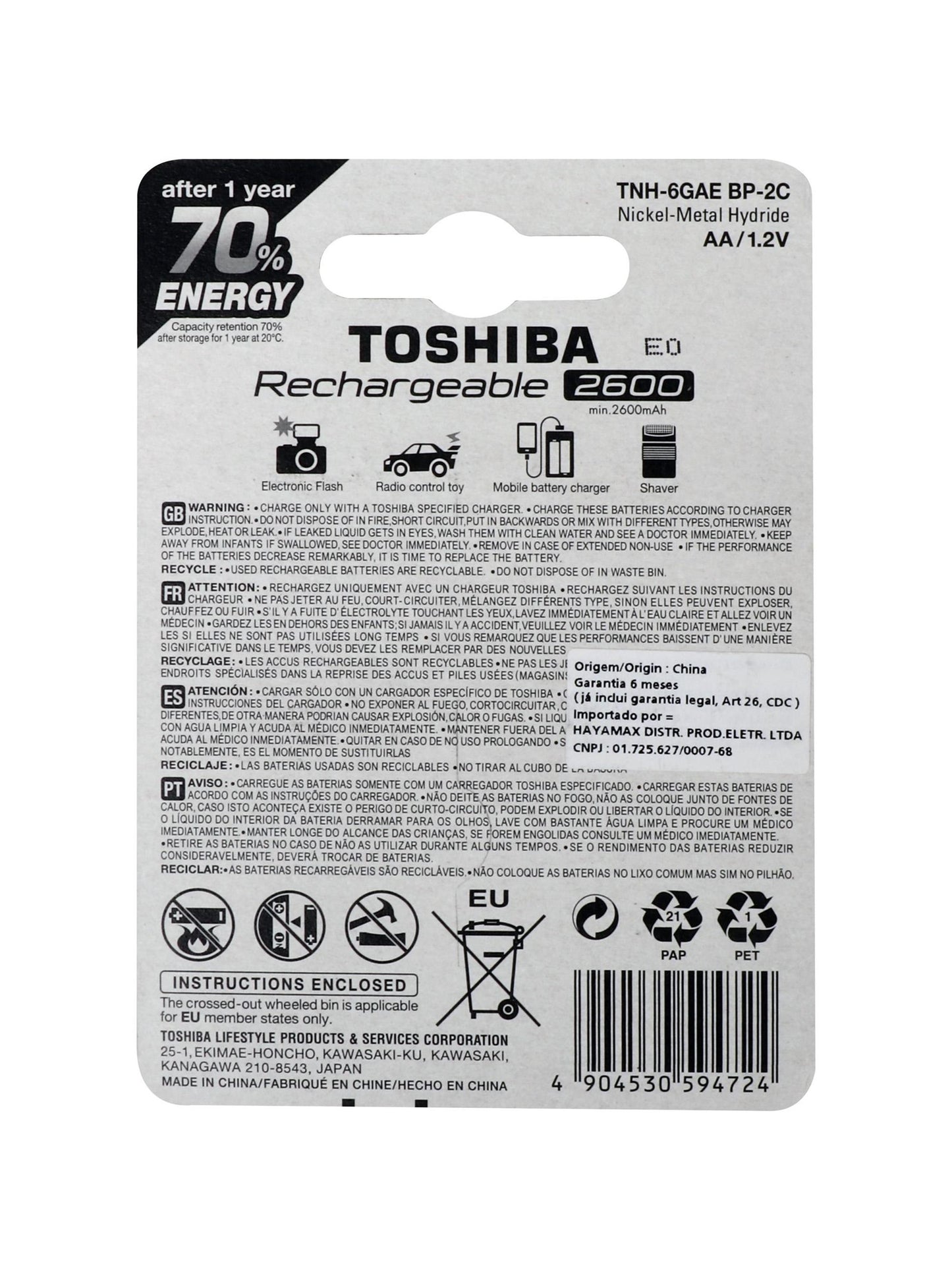 Pilas recargables AA 1.2V x 2 unidades. Toshiba
