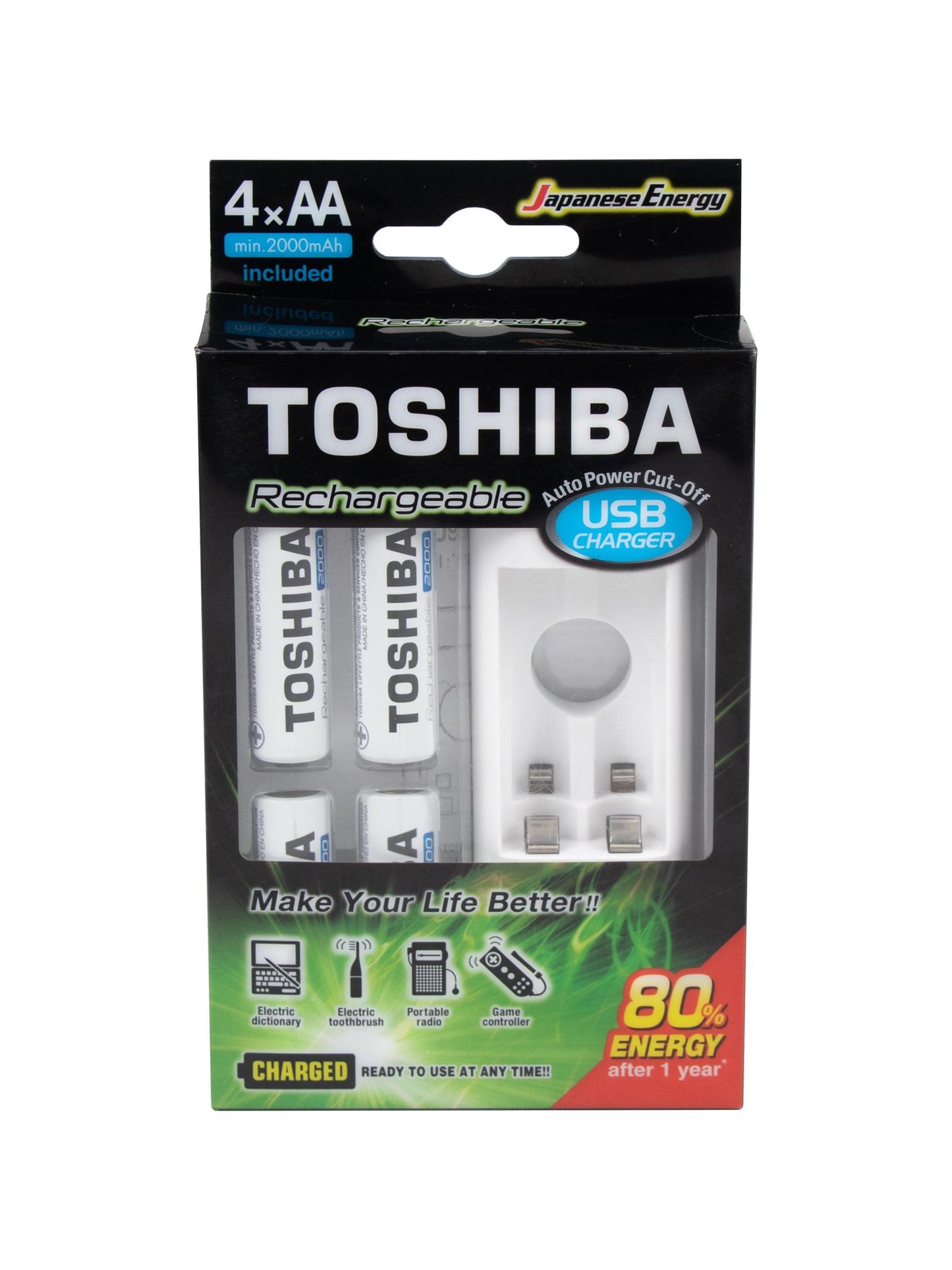 Pilas recargables AA 1.2V 4 unidades + cargador. Toshiba