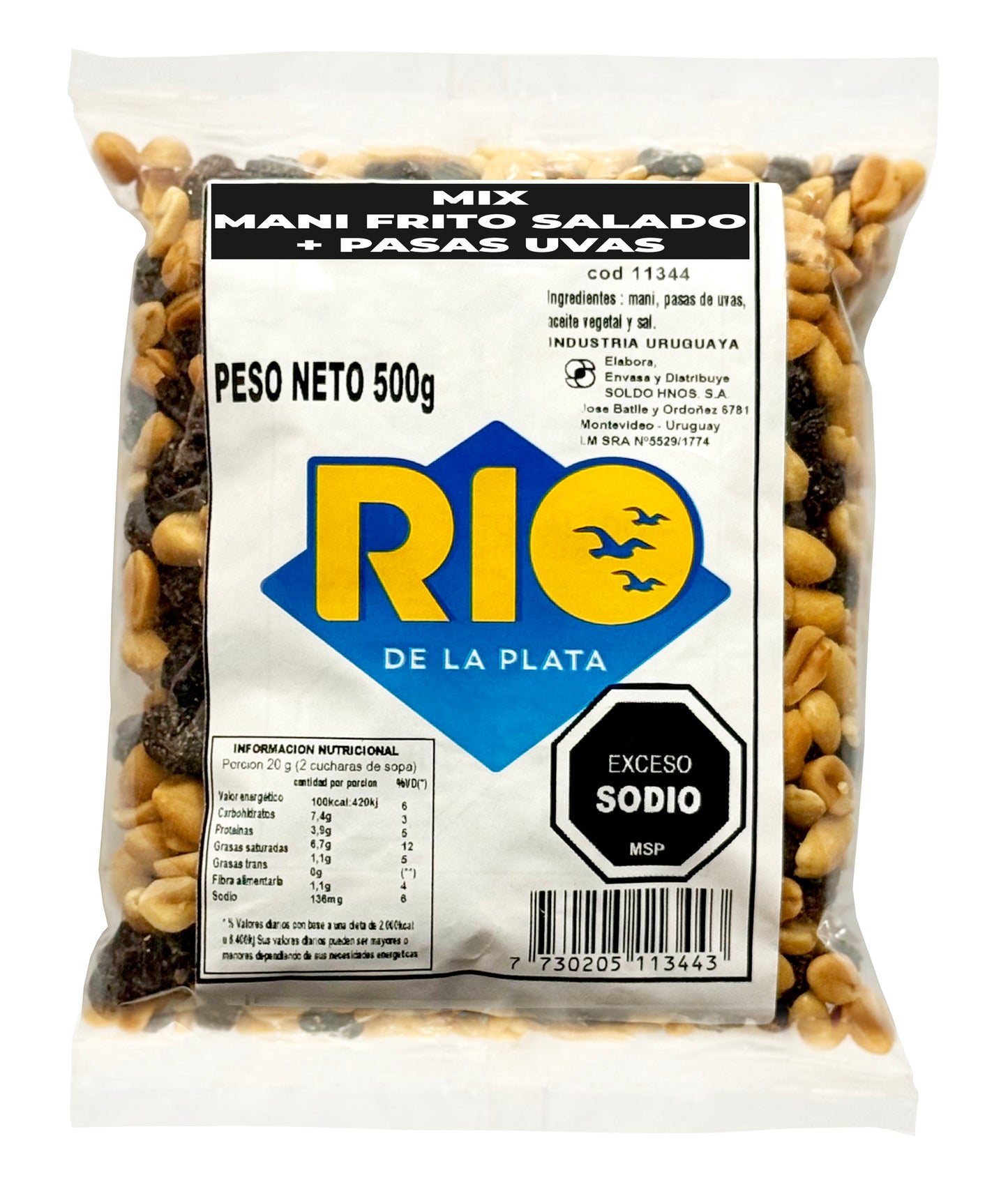 Mix maní con sal + pasas 500Grs. Rio de la Plata