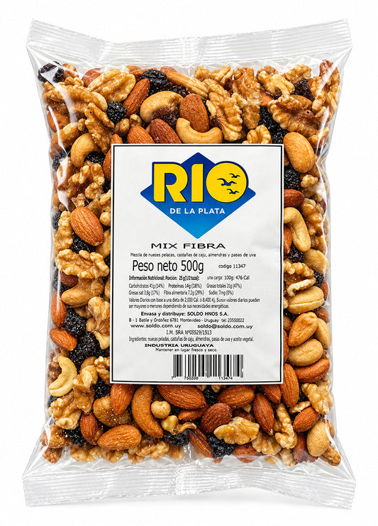 Mix Fibra almendras, nueces, pasas de uva 500Grs. Río de la Plata