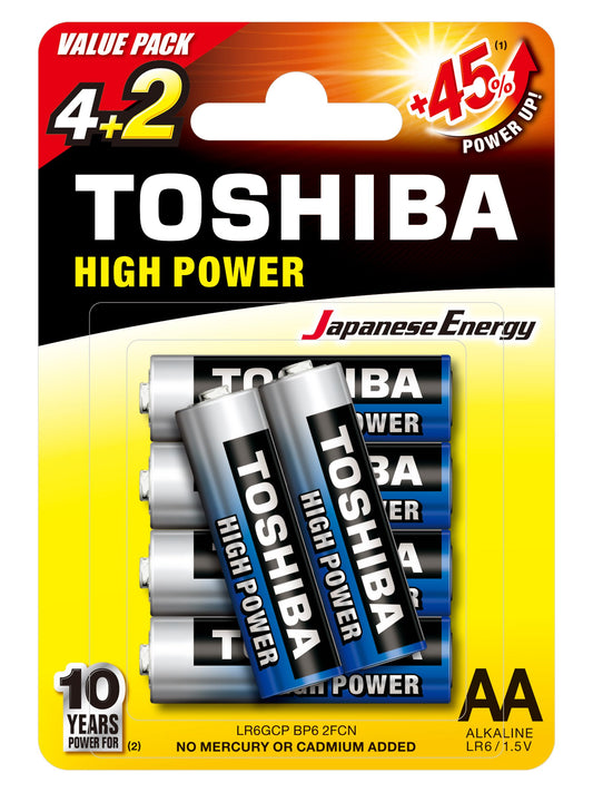 Pilas alcalinas AA 1.5V 4+2 unidades. Toshiba