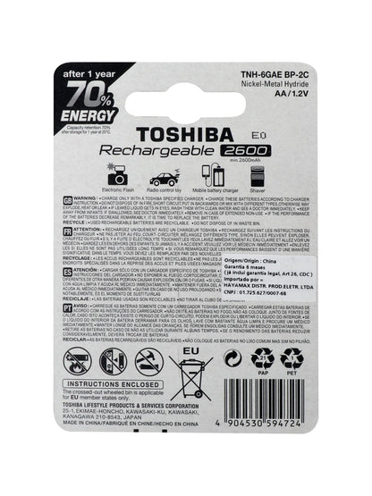 Pilas recargables AA 1.2V x 2 unidades. Toshiba